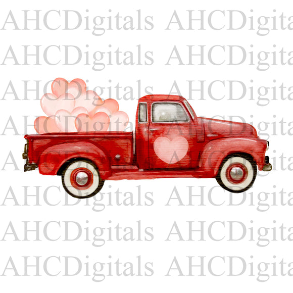 Red Truck Hearts Sublimation Image, Watercolor Heart Truck, Valentines Day Artwork, Love Digital Download, Pickup Truck drawing