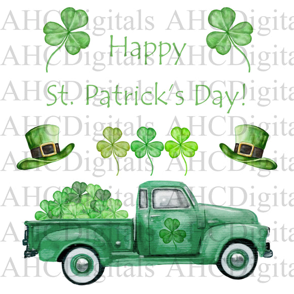 Happy St Patrick's Day Shamrock Sublimation Image, Watercolor Four Leaf Clover Truck, St Patricks Day Digital Download, Shamrock png image