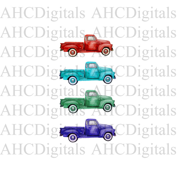 4 Truck Combo - Red, Green, Blue, and Purple Truck Sublimation Image, Watercolor Antique Truck, Farm Animal Artwork, Digital Download