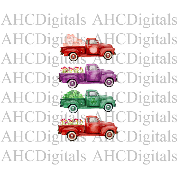 4 Holiday Themed Truck Combo - Red, Green, Blue, and Purple Truck Sublimation Image, Watercolor Antique Truck, Farm Animal Artwork, Download