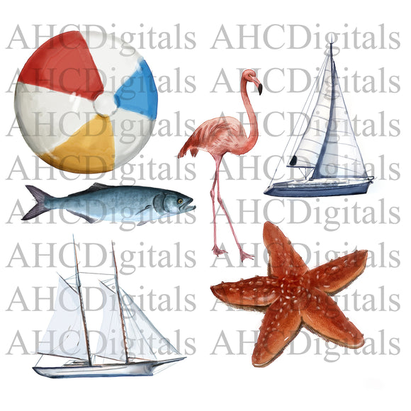 Nautical Beach Combo - Sublimation Image Pack, Watercolor Sailboat Image, Summer clipart, Sail Boat Drawing Artwork, Nautical Download