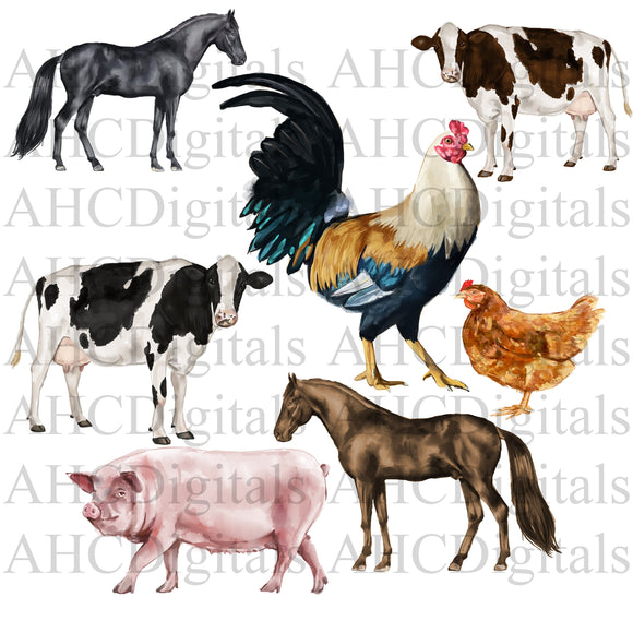 Farm Animal Combo Set - Sublimation Image, Watercolor Animal, Farm Animal Artwork, Digital Download, Cow drawing, Rooster Digital Art, Cute